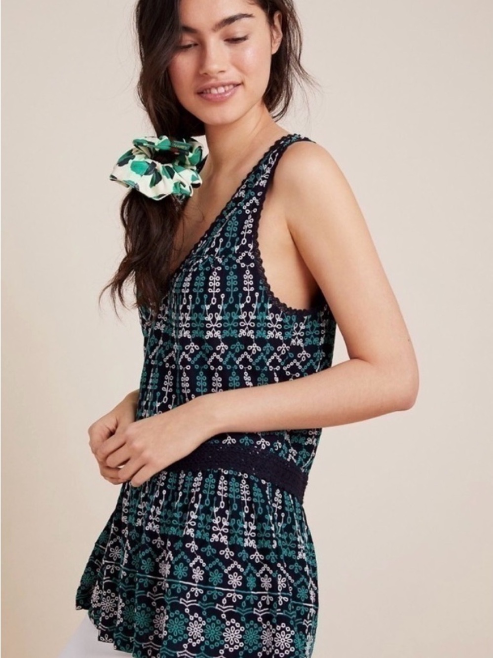 Anthropologie Maeve Embroidered Eyelet Peplum Tunic in Green, White, and Black